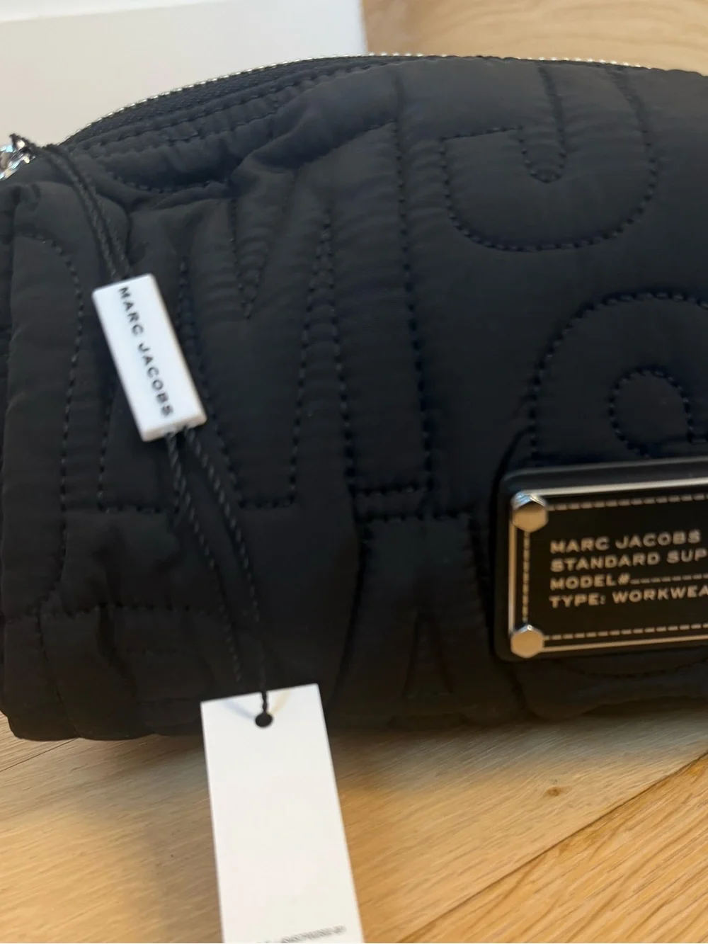 Authentic Marc Jacobs Black Quilted Logo Cosmetic Case Pouch with Plaque